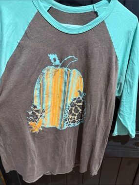 Crazy Train Brown Raglan Top with Turquoise Sleeves and Pumpkin Graphic